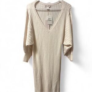 Rachel Ivory Ribbed Knit V-Neck Dress